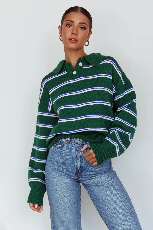 Boston Collared Knit Sweater Striped Forest Green