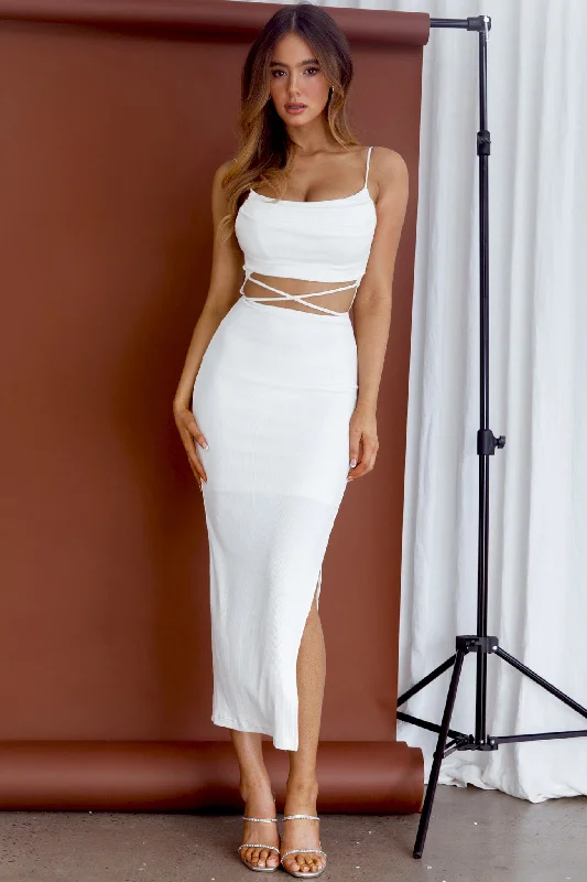 Crazy In Love Cowl Neck Cut-Out Waist Midi Dress White