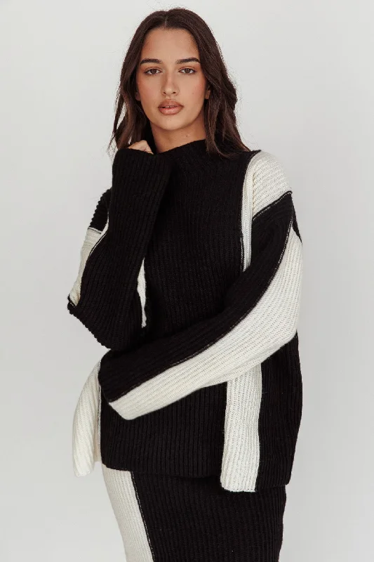 Eos Ribbed Mock Neck Knit Jumper Black Cream