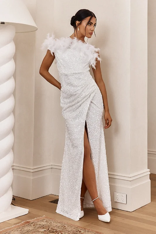 For Lovers Feather Trim Sequin Maxi Dress White