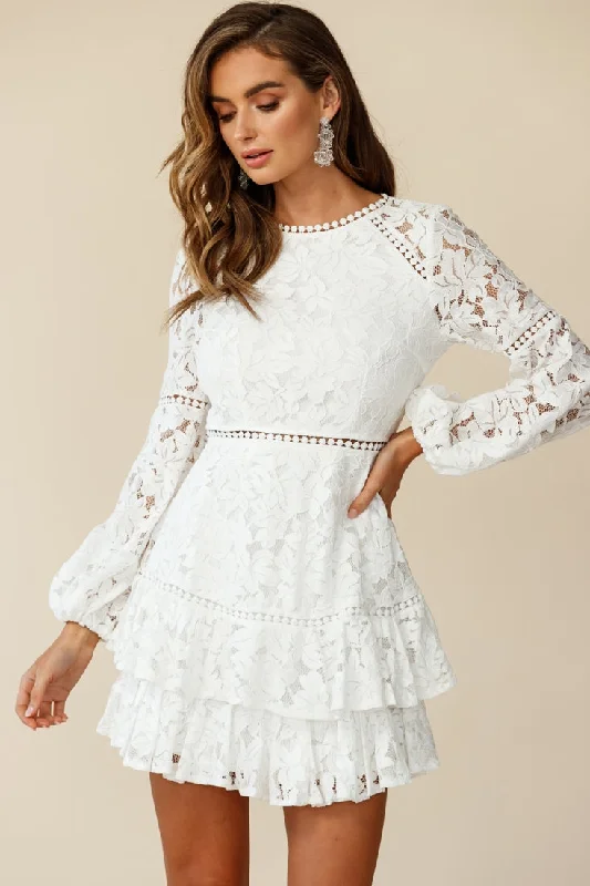 Henrietta Lace Overlay Long Sleeve Ruffle Dress White