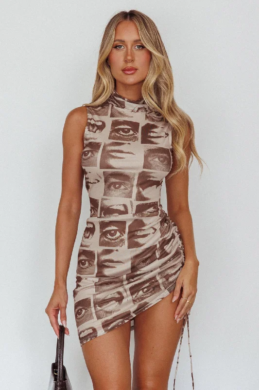 Hot Goss Sleeveless Ruched Mini Dress Print Brown