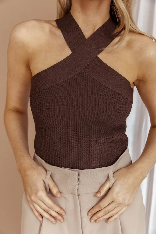 Kansas Crossover Neck Knit Top Brown