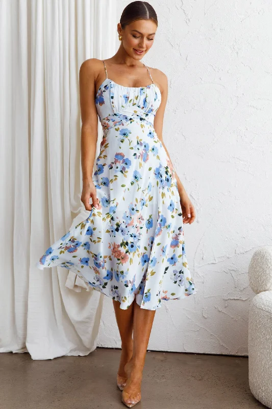 Linka Cami Strap Split Midi Dress Floral Blue