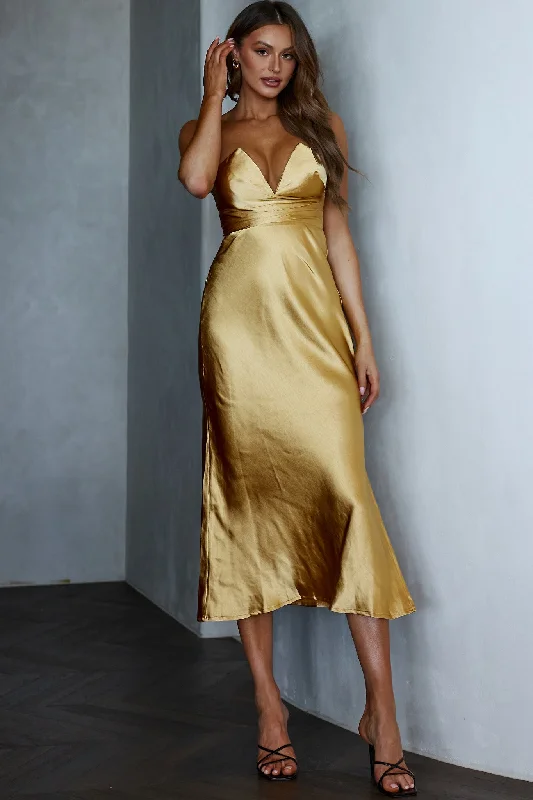 Ma Jolie Strapless Midi Dress Gold