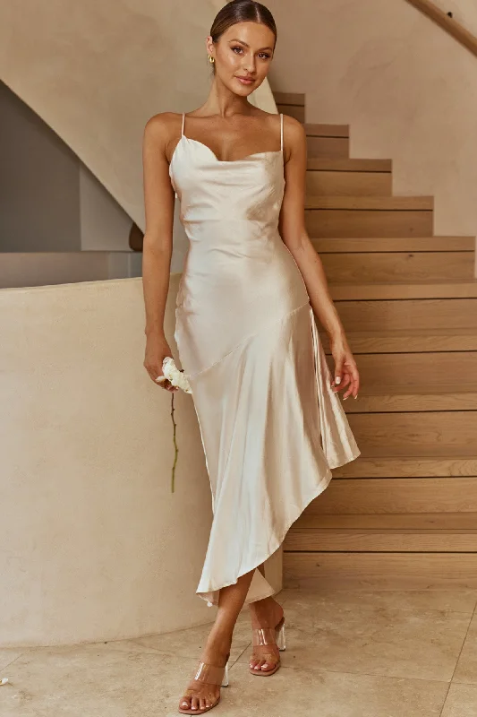 Morning Sun Cowl Neckline Asymmetrical Hem Midi Dress Champagne