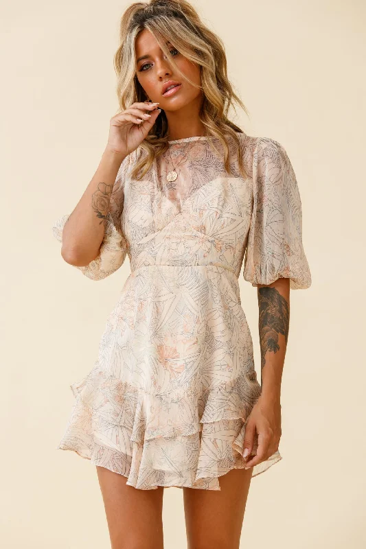 She Knows Puff Sleeve Ruffle Trim Dress Botanic Print Nude