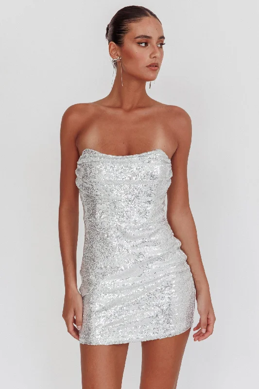 She Slays Strapless Sequin Dress Silver