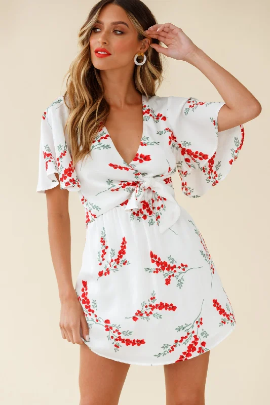 Stealing Hearts Flutter Sleeve Wrap Front Dress Floral Print White