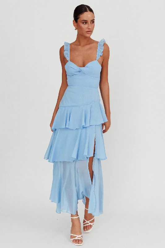 Veda Ruffle Strap Split Maxi Dress Blue