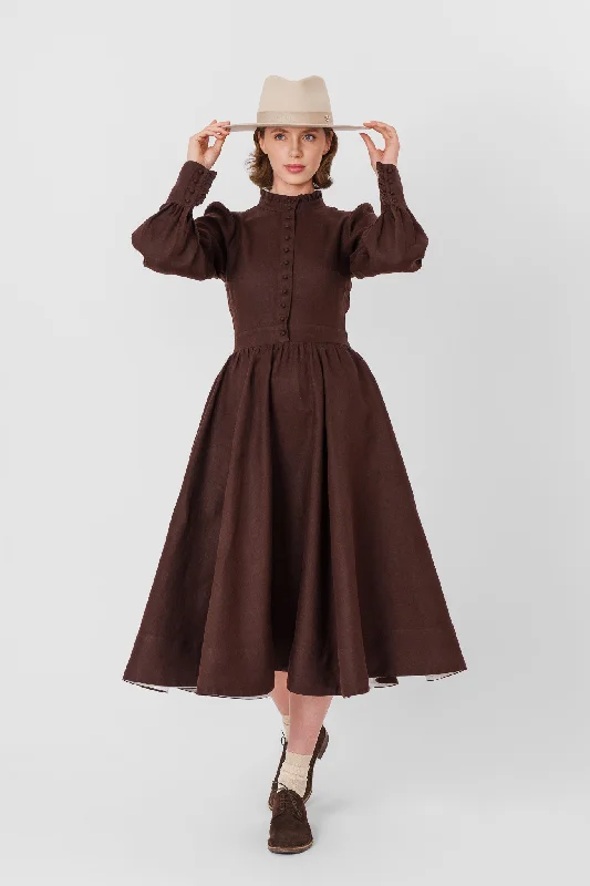 Abigail Dress, Long Sleeve, Twill Linen, Espresso Brown