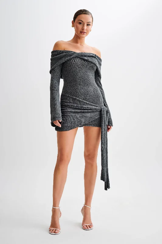 Camryn Off Shoulder Tie Knit Mini Dress - Charcoal