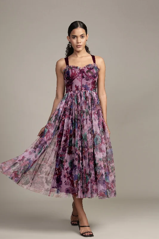 Dane Purple Print Corset Midi Dress