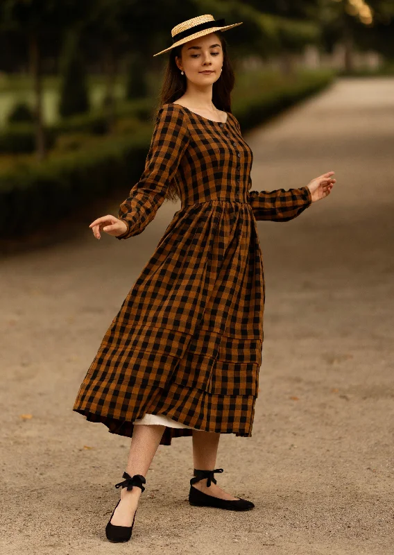 Eyre Dress, Long Sleeve, Brown Checkers