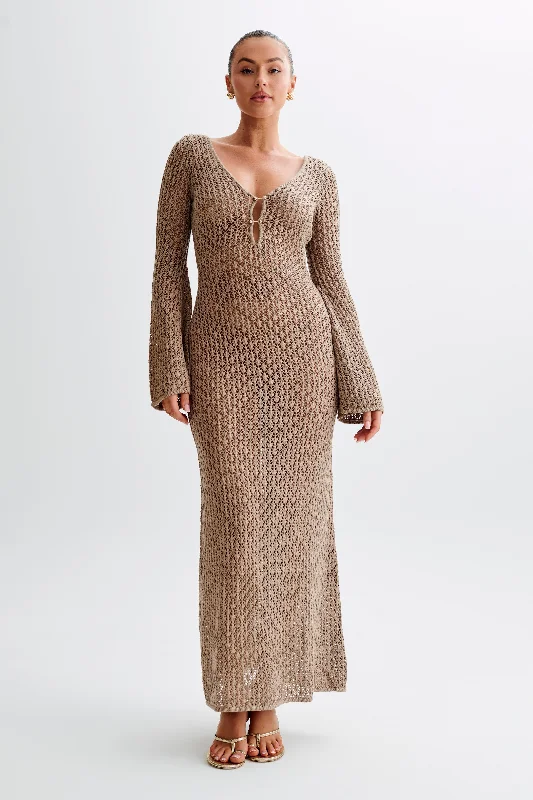 Kayleigh Crochet Fishtail Flare Sleeve Maxi Dress - Taupe