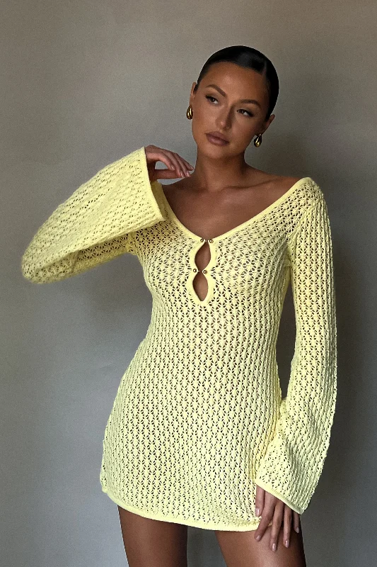 Kayleigh Crochet Knit Mini Dress - Lemon