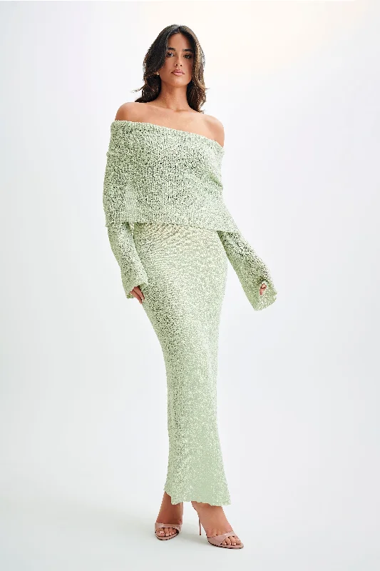 Marisol Off Shoulder Boucle Maxi Dress - Pastel Green