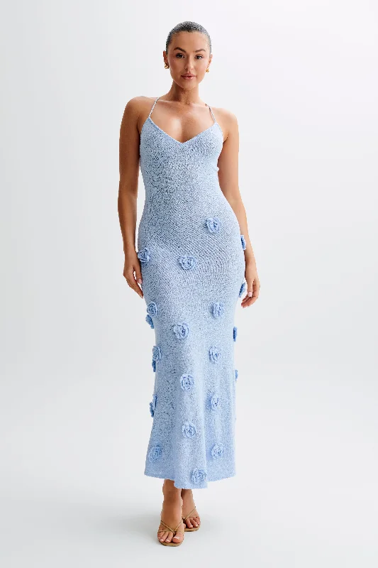 Suki Knit Maxi Dress With Flowers - Light Blue