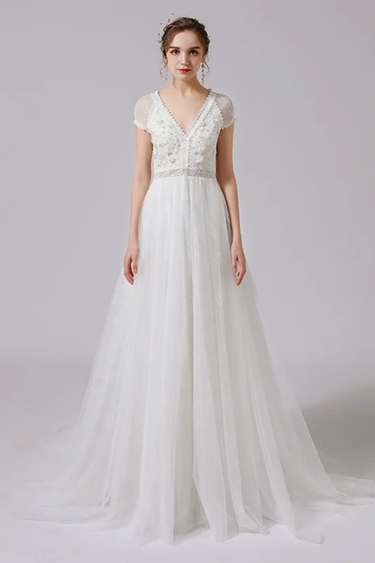 A-Line Floor Length Lace Tulle Wedding Dress CW2706