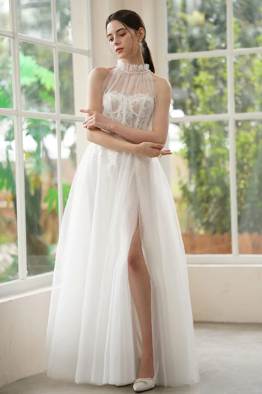 A-Line Sweep-Brush Train Lace Tulle Wedding Dress CW3315