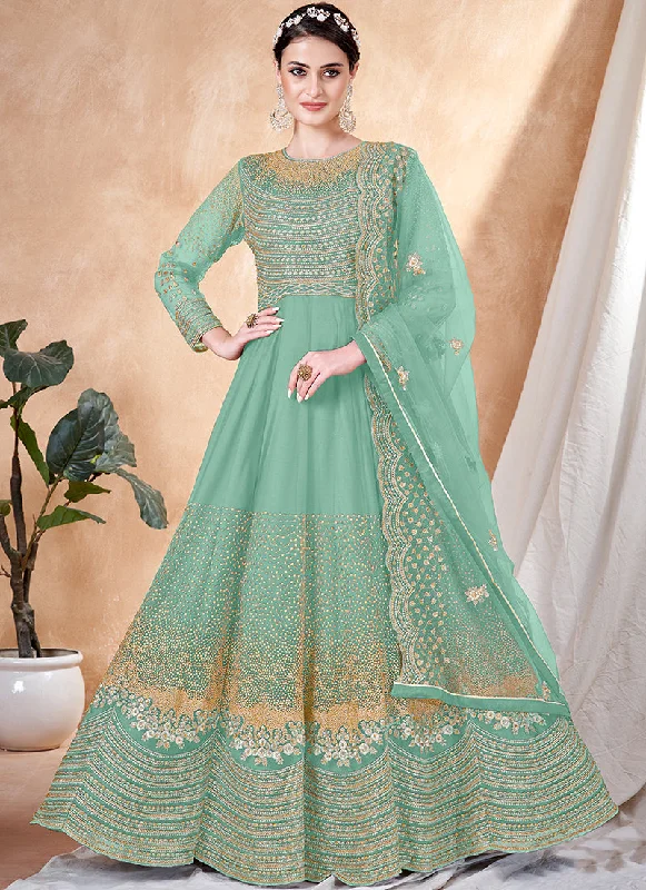 Aqua Blue Embroidery Traditional Anarkali Suit