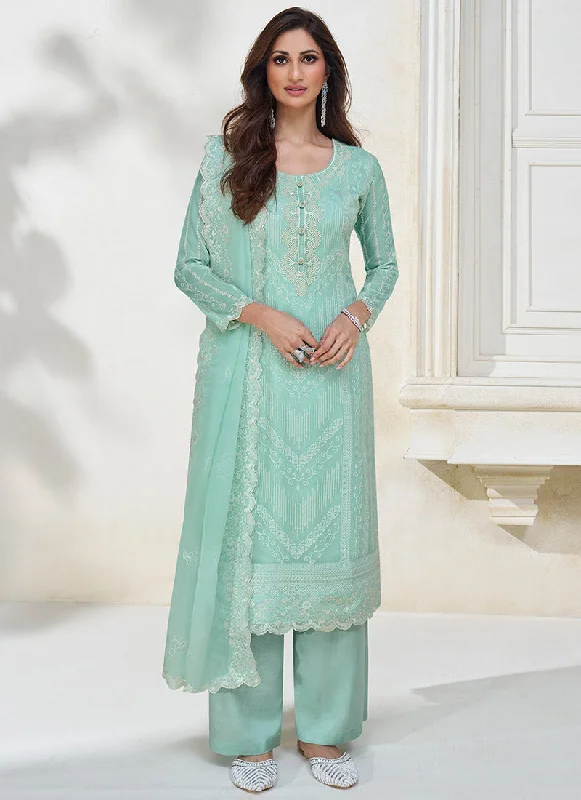 Aqua Blue Sequence Embroidery Traditional Salwar Kameez