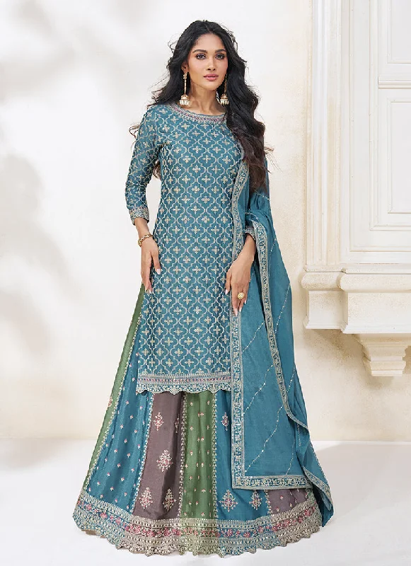 Blue Multi Embroidered Traditional Lehenga Kurti