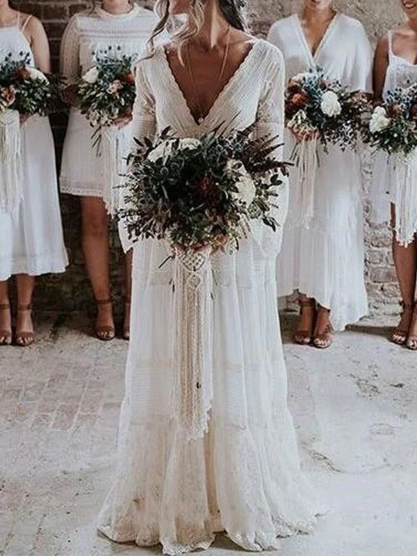 Boho Wedding Dresses A Line Deep V Neck Multilayer Lace Chiffon Beach Party Dress Bridal Gowns CPH0379