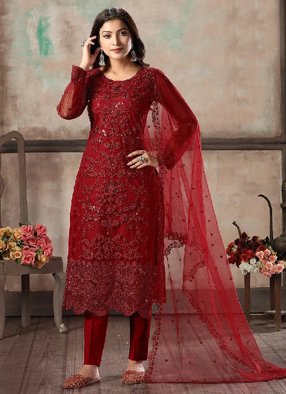 Bridal Red Embroidered Pant Style Suit