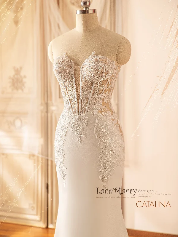 CATALINA / Sparkling Plain Wedding Dress with Sexy Plunge Neckline