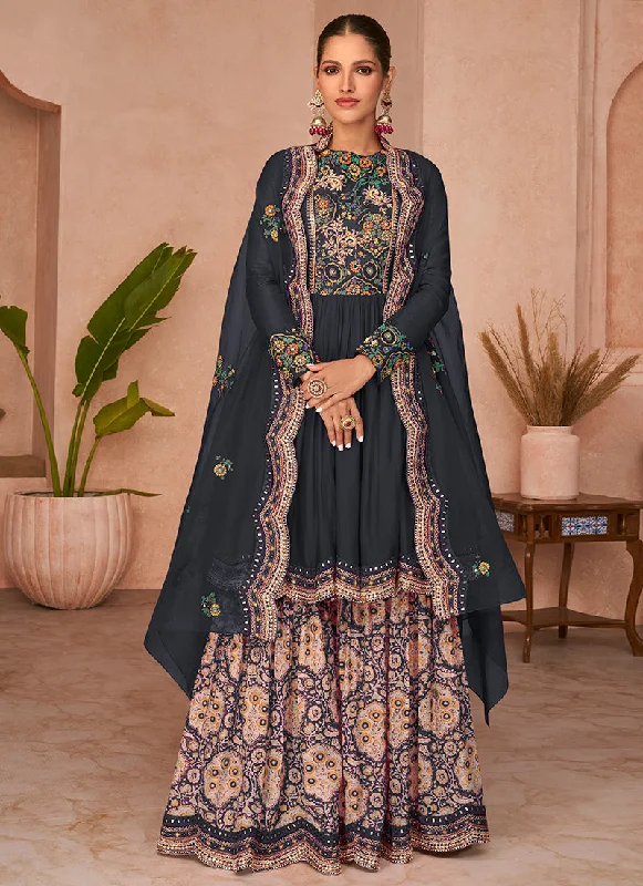 Charcoal Grey Multi Embroidery Traditional Gharara Style Suit