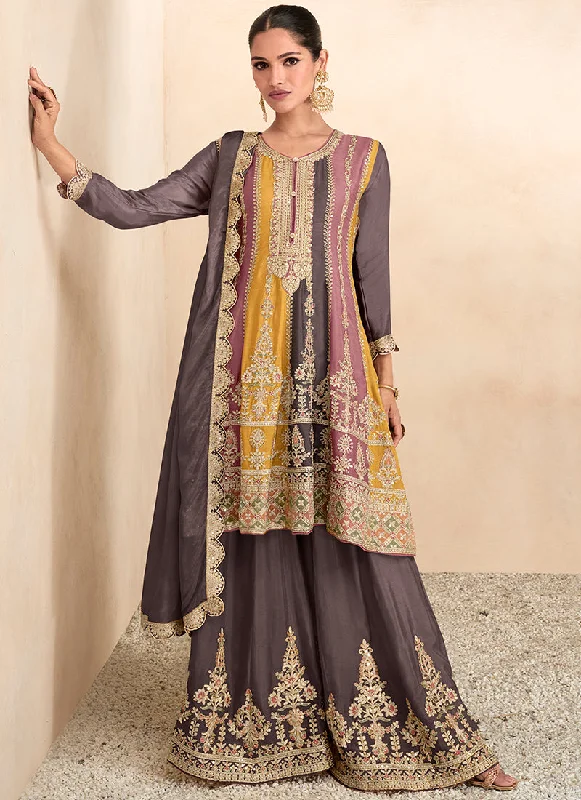 Deep Mauve Sequence Embroidery Anarkali Gharara Suit