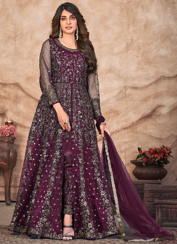 Deep Wine Embroidered Slit Style Anarkali Pant Suit