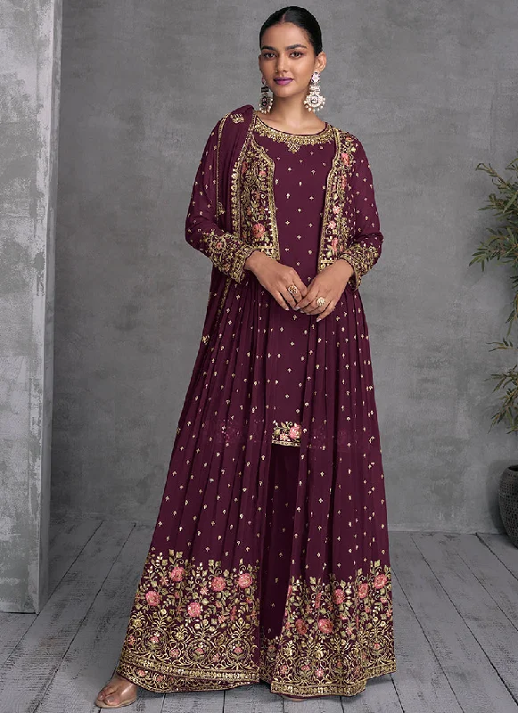 Deep Wine Multi Embroidered Jacket Style Gharara Suit