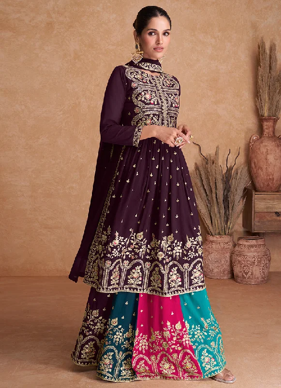 Deep Wine Multi Embroidered Wedding Anarkali Lehenga Suit