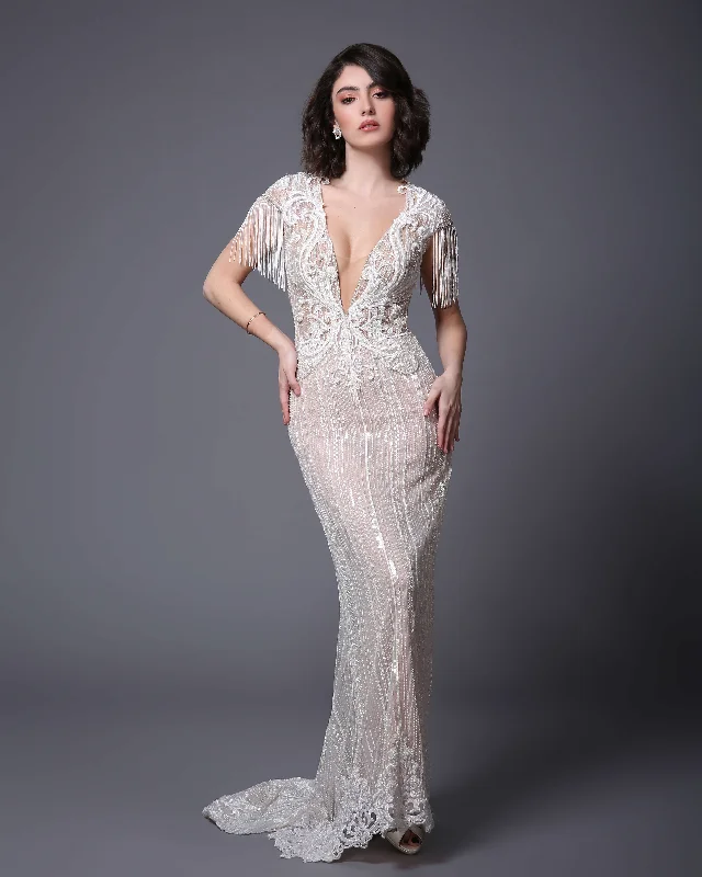 GLORIA – Deep V-neck wedding dress. Sexy backless wedding gown.