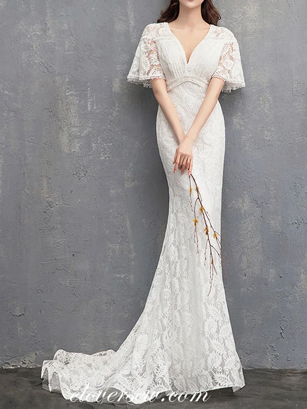 Fully Lace High Waist Half Sleeves Mermaid Elegant Wedding Dresses, CW0066