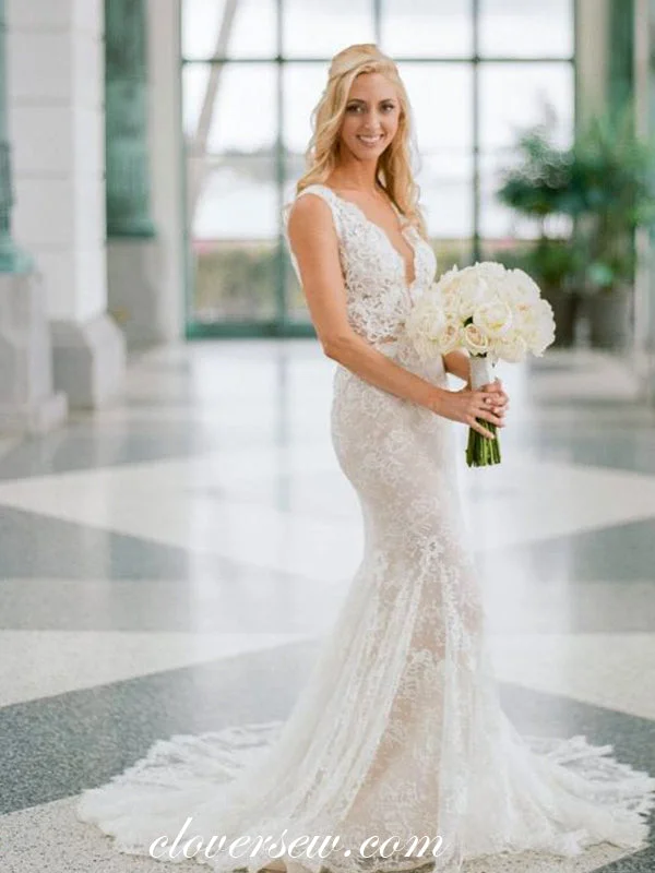 Fully Lace Sleeveless V-back Mermaid Elegant Wedding Dresses,CW0081