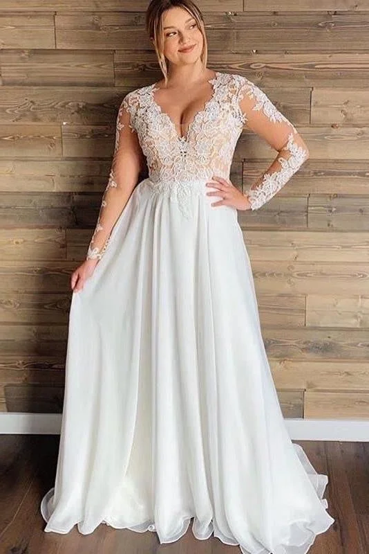 Gorgeous V-Neck Long Sleeves Lace Ruffles Wedding Dresses