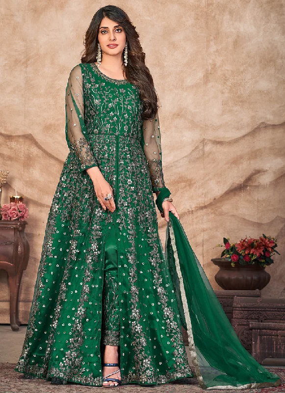 Green Embroidered Slit Style Anarkali Pant Suit