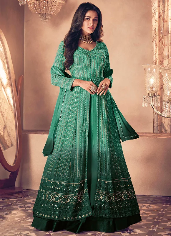 Green Traditional Sequence Embroidered Wedding Anarkali Lehenga