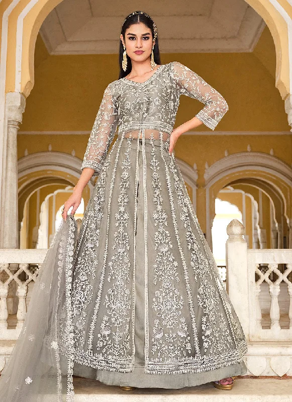 Grey Embroidered Designer Anarkali Lehenga/Pant Suit