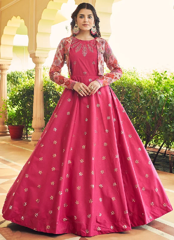 Hot Pink Sequence Embroidered Anarkali Gown With Jacket