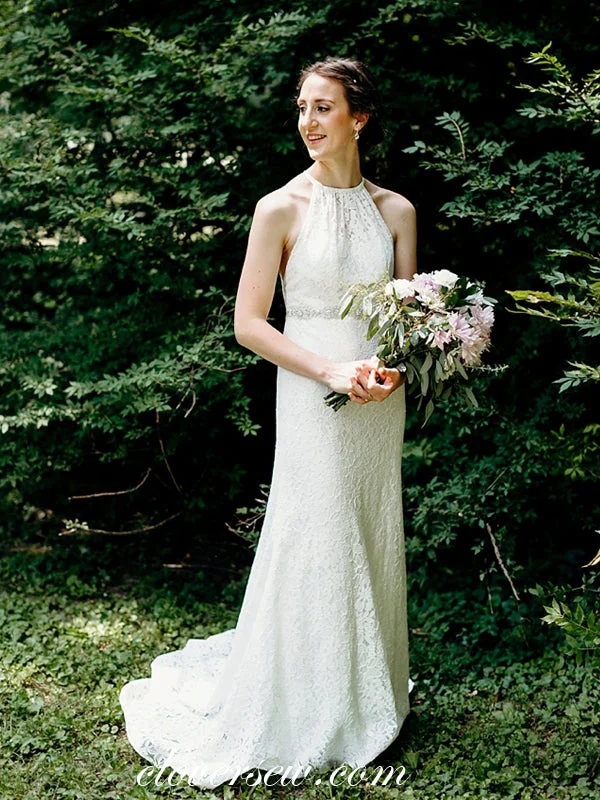 Ivory Lace Halter Column Sweep Train Vintage Wedding Dresses, CW0010