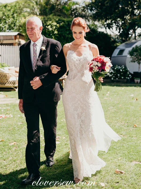 Ivory Lace See Through Top Spaghetti Strap Column Wedding Dresses, CW0006