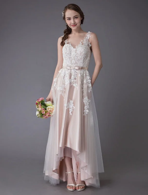 Lace Wedding Dresses High Low Bow Sash Tulle Applique Summer Beach Colored Bridal Gowns Exclusive