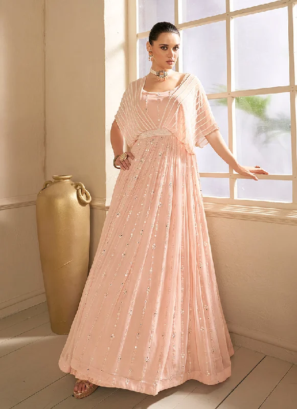 Light Peach Mirror Work Embroidery Festive Anarkali Gown