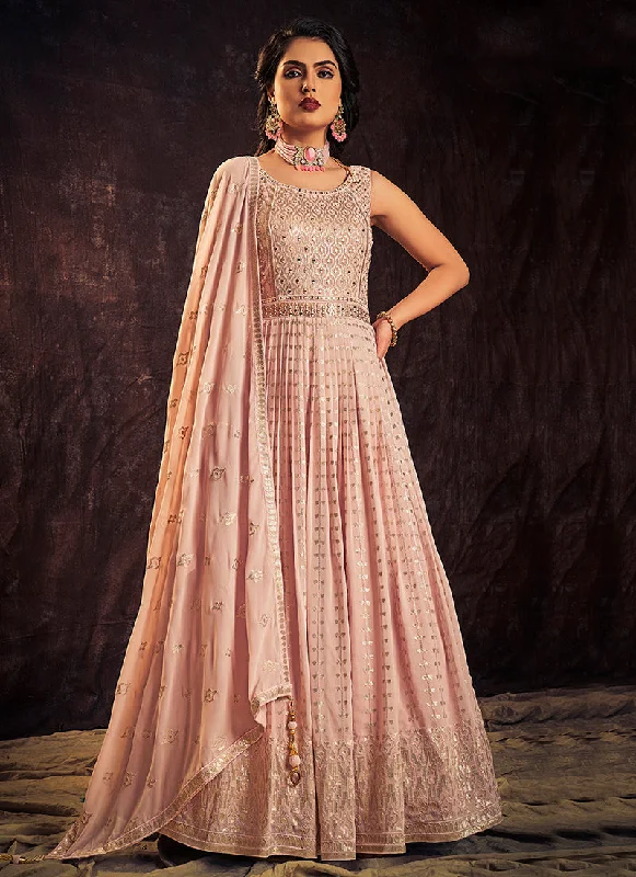 Light Pink Mirror Work Embroidery Anarkali Gown