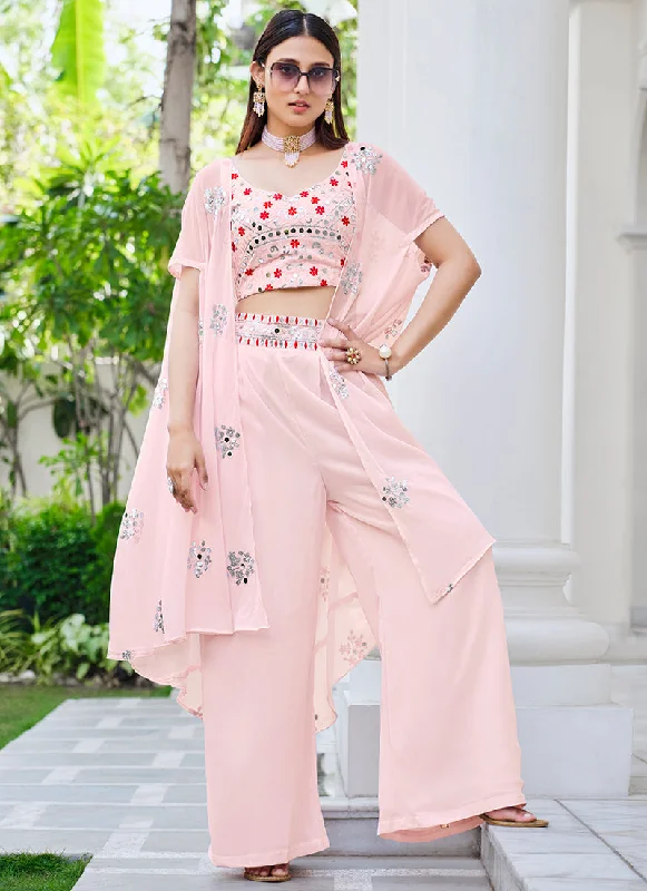 Light Pink Mirror Work Embroidery Cape Style Co-Ord Palazzo Set