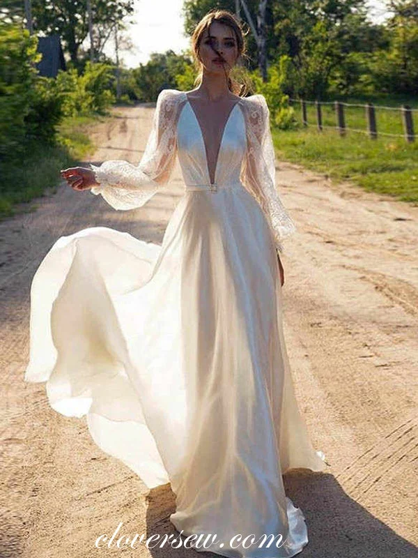 Long Puff Lace Sleeves Deep V-neck A-line Wedding Dresses ,CW0105